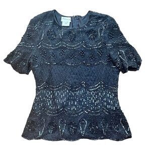 Vintage 100% Silk and Heavily Beaded Black Top Women's Size Large